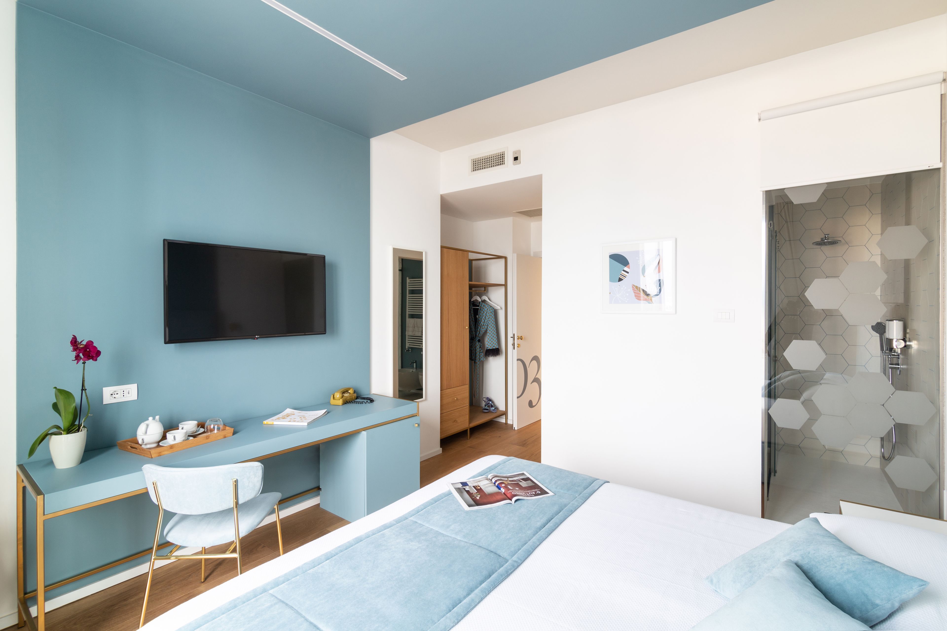A modern hotel room with a bed, a desk, a TV, a shower, and a closet.
