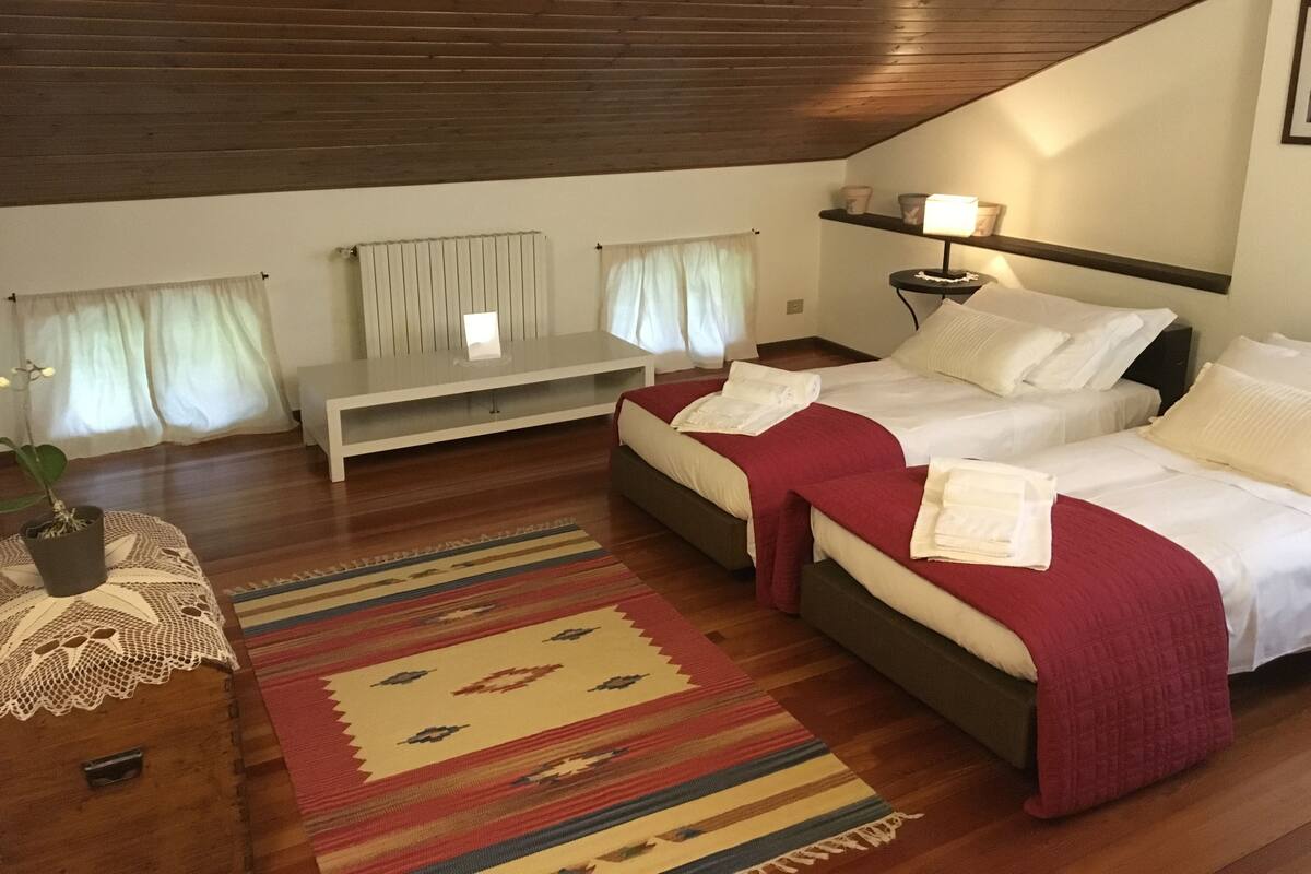 Une chambre avec deux lits, une table de chevet, une lampe, un radiateur et une fenêtre avec des rideaux.