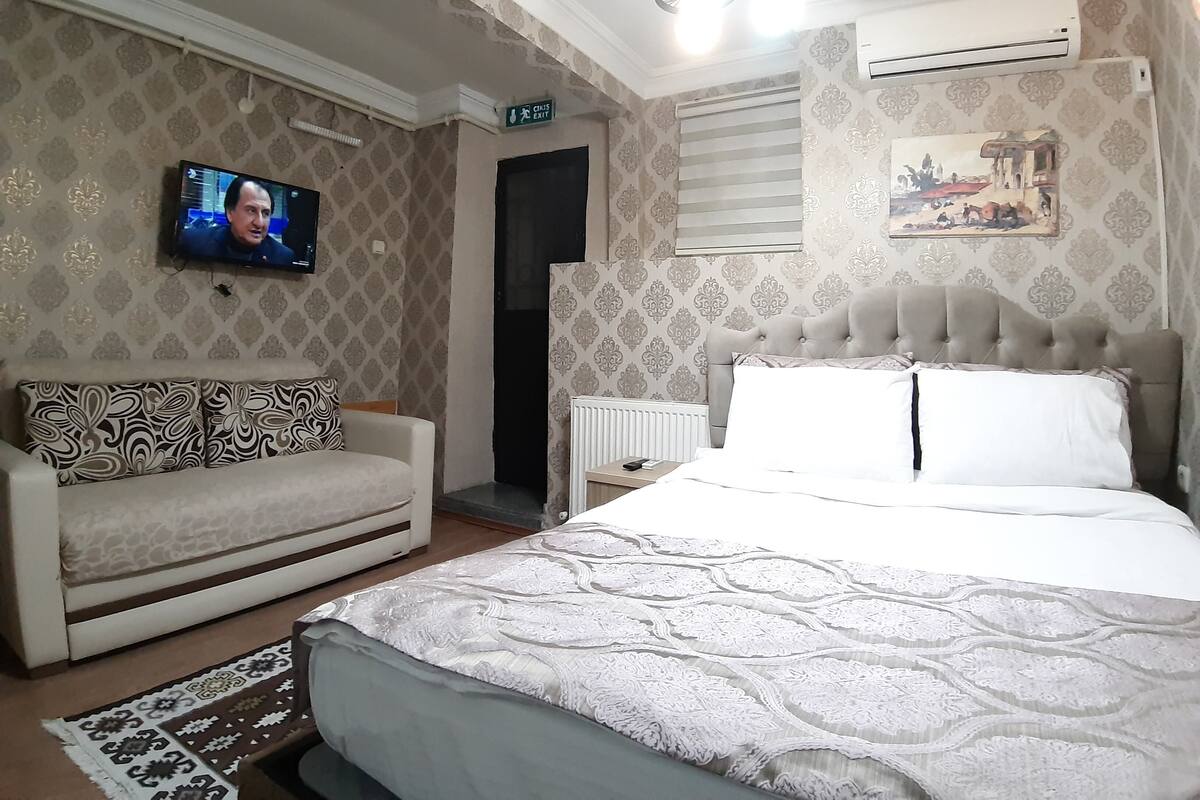 A bedroom with a bed, a sofa, a television, and a painting on the wall.