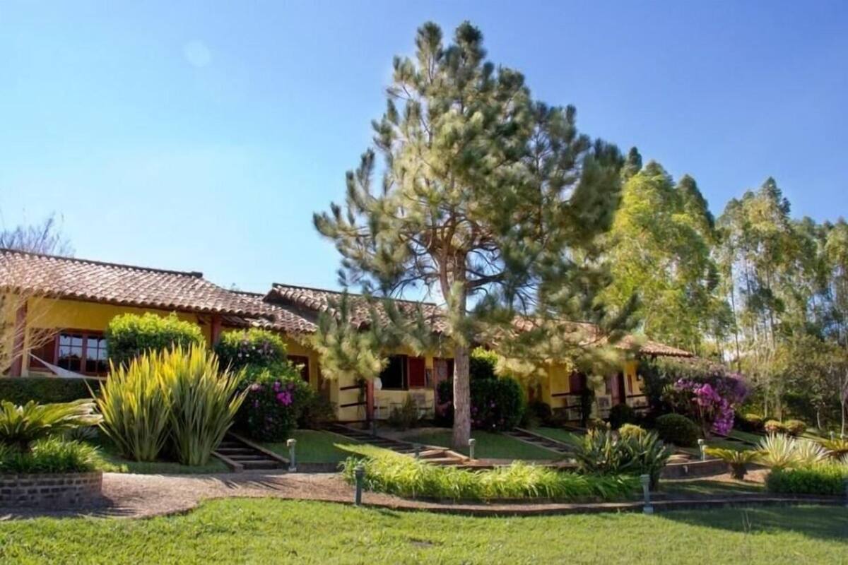 Un edificio amarillo con tejado de baldosas, rodeado de un jardín cuidado con diversas plantas y un árbol grande.