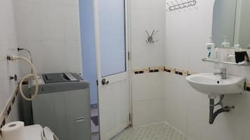 Hair dryer, towels, soap, shampoo