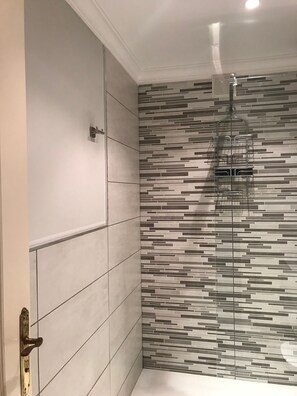 Shower, hair dryer, towels, toilet paper