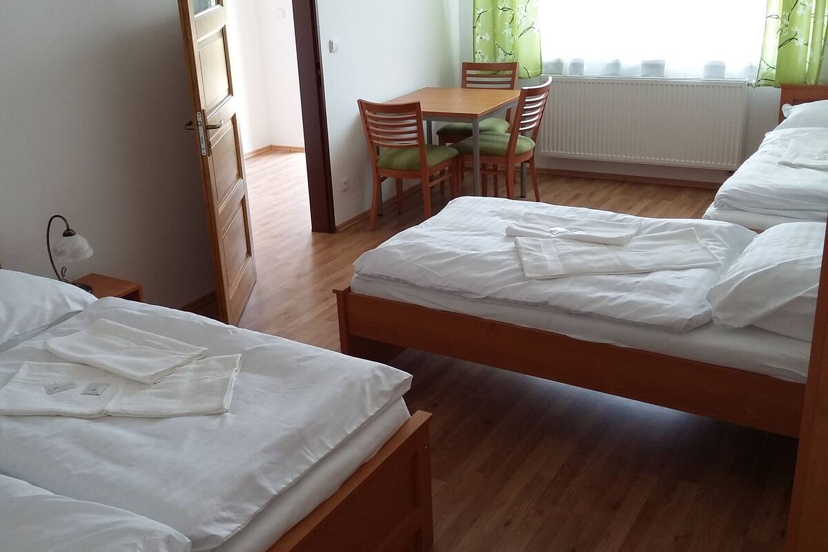 A room with two single beds, a wooden table with chairs, a radiator, and a window with curtains.