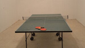 A ping pong table in a room with white walls and a ceiling light. - Farm Kundratice (Kundratice)
