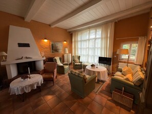 Fernseher, Kamin, DVD-Player, Bücher