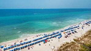 A beach with rows of blue umbrellas and beach chairs, a sandy shore, and the ocean.