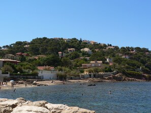 On the beach, sun loungers
