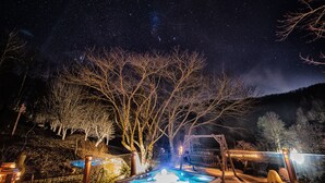 Un espace avec un bain à remous, sous un ciel étoilé, entouré d’arbres et de structures en bois.