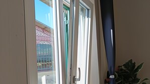 A room with a window, a radiator, and a potted plant.