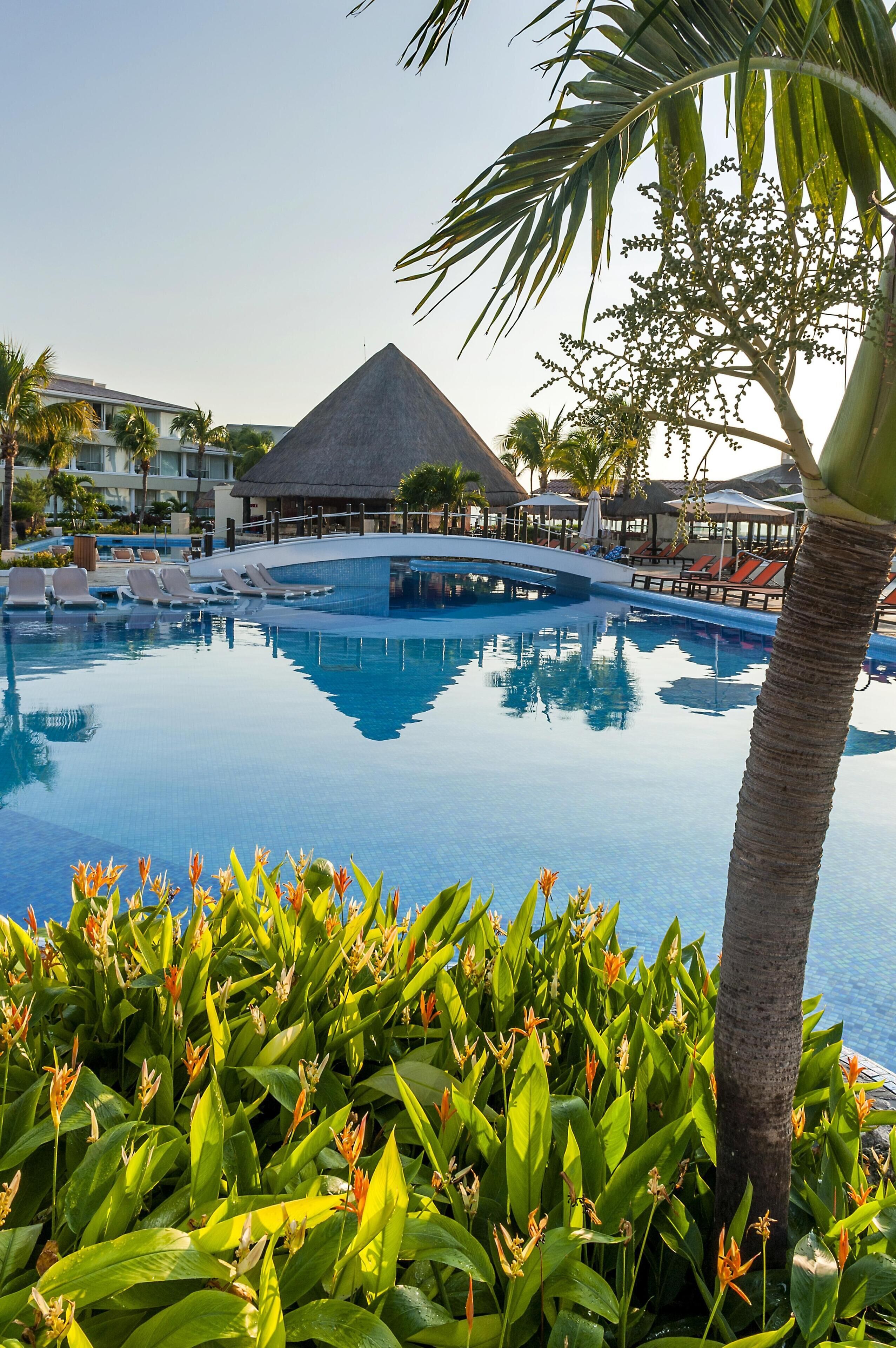 A pool area with lounge chairs, a thatched-roof structure, and tropical plants.