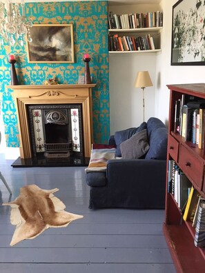 Televisio, takka, kirjoja, stereot