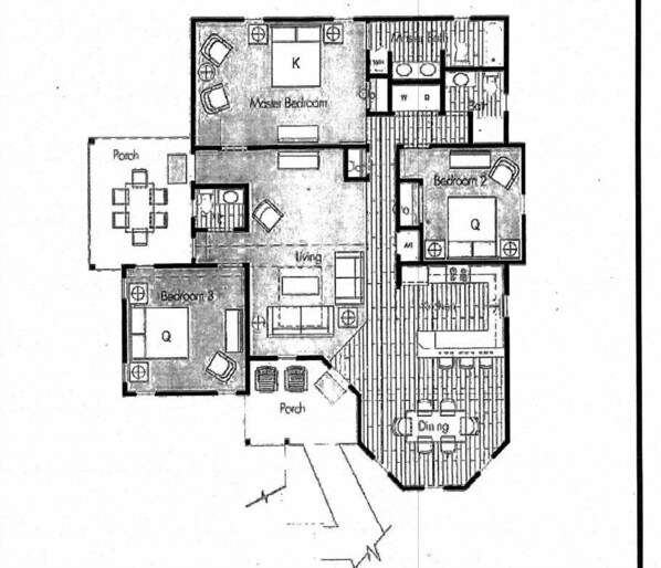 A floor plan with multiple bedrooms, a dining area, and a porch.