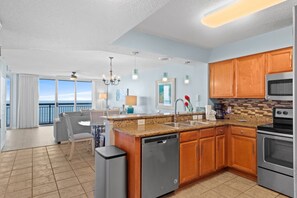 Fridge, microwave, oven, stovetop - Tropical 5th Floor Oceanfront Condo, Outdoor Hot Tubs | Crescent Shores - N 503 (North Myrtle Beach)