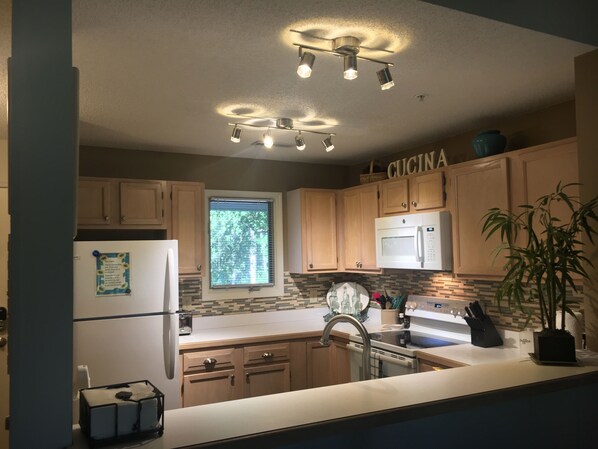 Full-sized fridge, microwave, oven, stovetop