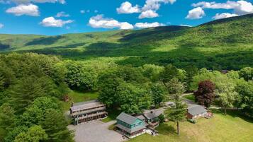 An aerial view of a property with a large house, a guesthouse, and a driveway.