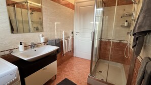 Shower, hair dryer, bidet, towels