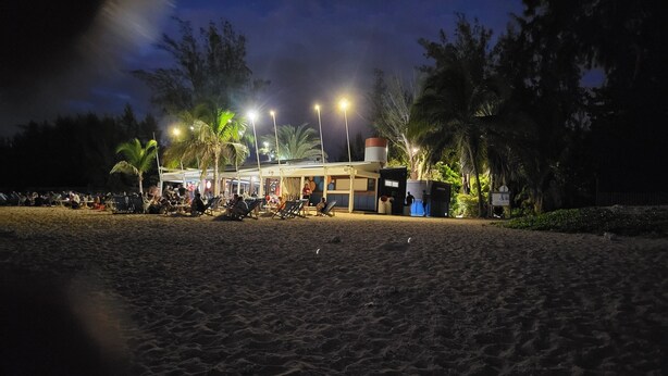 En restaurang eller ett liknande etablissemang vid stranden, med uteservering och palmer.