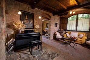 TV, fireplace, books, stereo