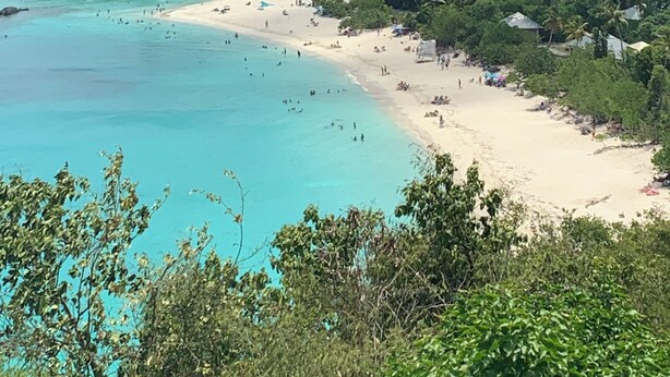 A beach with clear turquoise waters, white sand, and lush green hills in the background. - 4 bedroom, 4 bathroom. Private Pool, Ocean views. Chocolate Hole, Cruz Bay. (St. John, VI)
