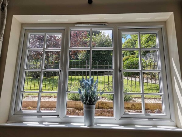 A window with a white frame, divided into nine panes, with a potted plant in the center.