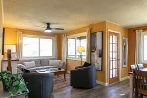 Smart-tv, een open haard, boeken en een muziekbibliotheek