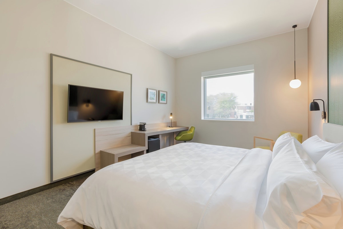 A modern hotel room with a bed, desk, chair, TV, and a window.