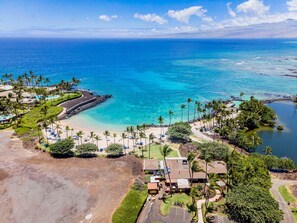 A coastal resort with a beachfront, palm trees, and a clear view of the ocean.