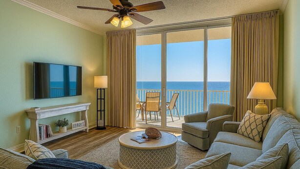 A living room with a flat-screen TV, a fireplace, a ceiling fan, and a view of the ocean through large windows.
