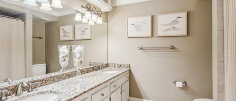 A bathroom with a granite countertop sink, a mirror, and wall-mounted lights. There are framed bird paintings on the wall and a towel rack.