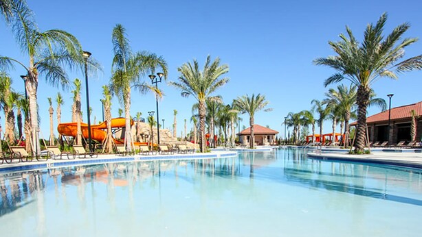 A pool area with palm trees, lounge chairs, and a water slide.