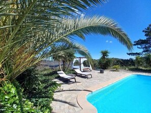Uma piscina com espreguiçadeiras e um gazebo, rodeada por vegetação exuberante e palmeiras.