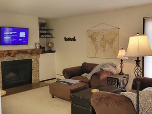 Smart TV, fireplace, video games, DVD player