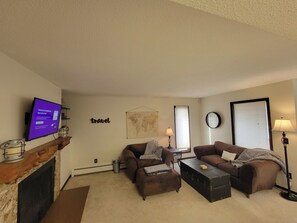 Smart TV, fireplace, video games, DVD player