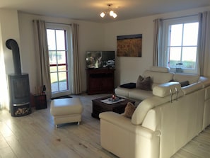 Smart TV, fireplace, video games, DVD player