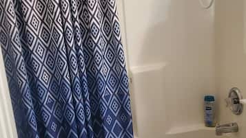 Hair dryer, towels, soap, shampoo