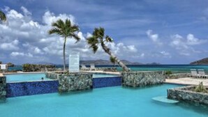 A pool area with clear blue water, palm trees, and a view of the ocean.