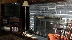 A living room with a fireplace, a television, and a bookshelf. - Classic Cottage w/Beautiful Catskill View, on
5 peaceful acres. Weekly discount! (Stone Ridge)