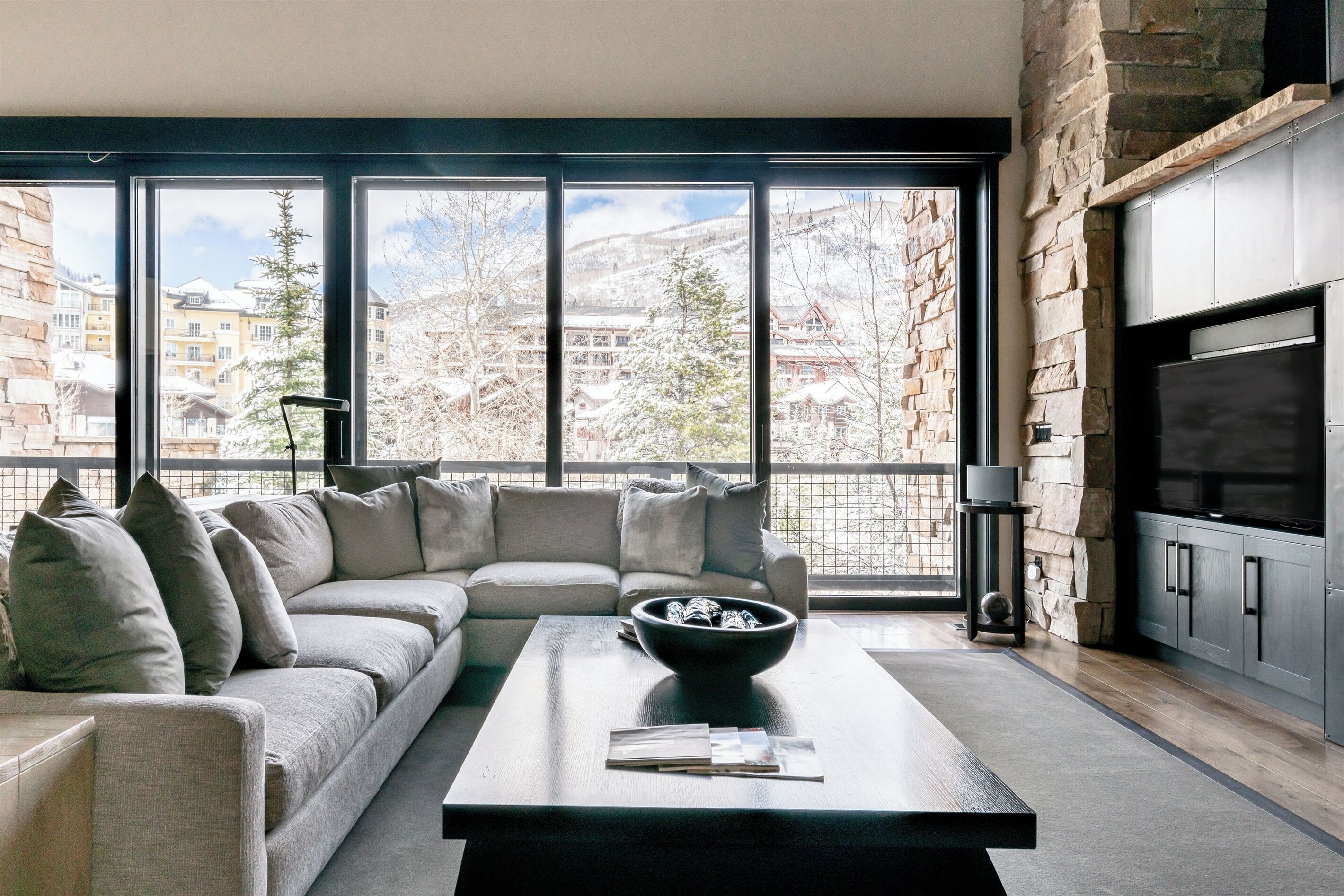 Télévision, cheminée, espaces bureaux, écrans d'ordinateur