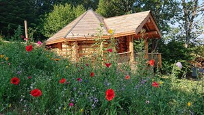Une cabane en bois rustique, dotée d’un toit en pente, entourée d’un jardin luxuriant où poussent différentes espèces de fleurs sauvages.
