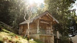 Un chalet rustique en bois doté d’un balcon, entouré d’arbres et bordé d’une pente herbeuse.