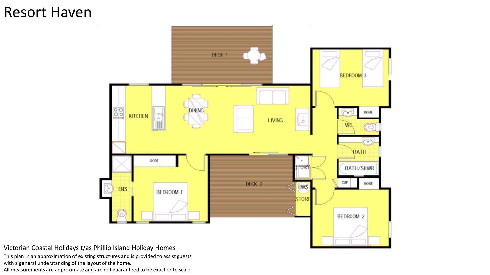 Een plattegrond van een hotel met twee verdiepingen, een keuken, eethoek, woonkamer, twee slaapkamers, een badkamer en een opslagruimte.