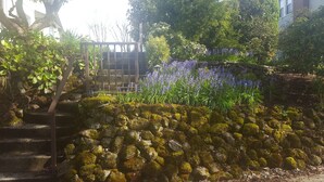 A garden with a stone wall, a metal gate, and various plants including purple flowers. - Two Stories Cottage in SE Portland Oregon (Portland)