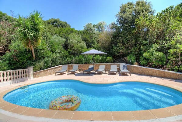 A swimming pool with lounge chairs and an umbrella, surrounded by lush greenery.