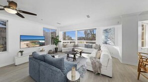 Smart TV, fireplace, DVD player