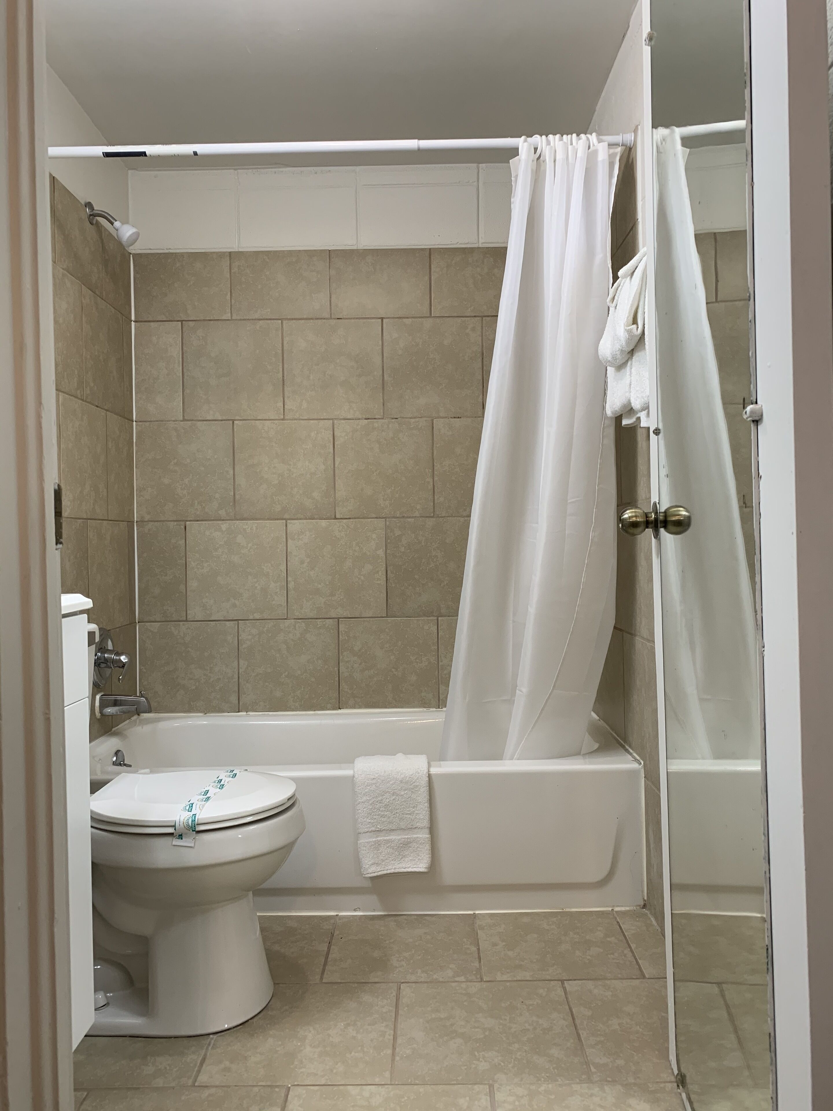 Une salle de bain équipée de toilettes, d’une baignoire et d’un rideau de douche.