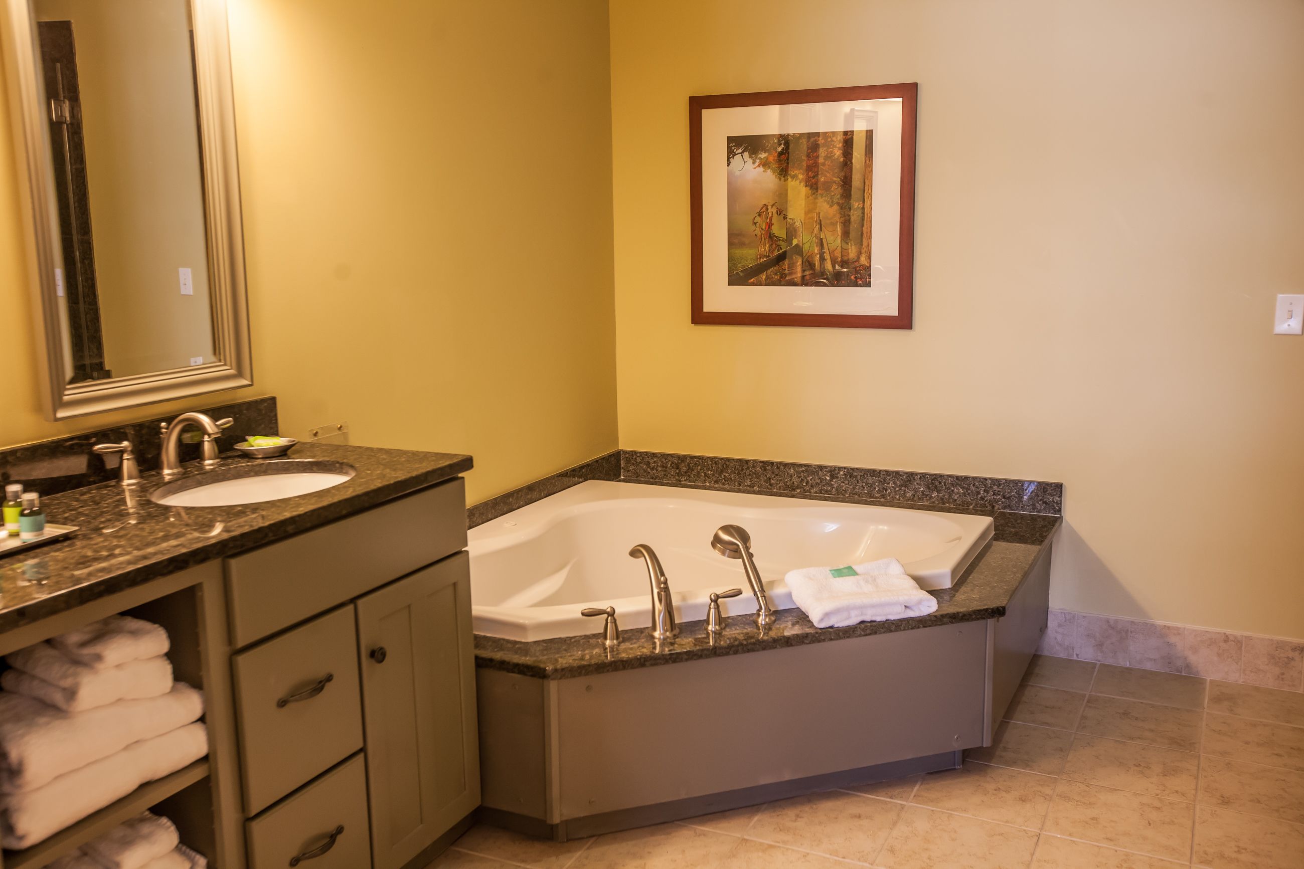 A bathroom with a double sink, a large bathtub, and a framed picture on the wall.
