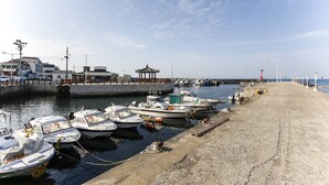 Una marina con varios barcos amarrados, un pabellón y un paseo de hormigón a lo largo del agua.