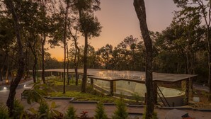 A modern outdoor pavilion with a glass roof, surrounded by a landscaped garden with various plants and trees. - Siri Nature Roost (Chikkamagaluru)