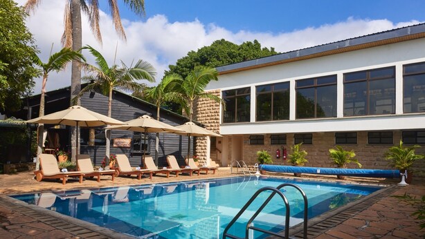 Une piscine entourée de chaises longues et de parasols, le tout bordé de dalles de pierre et de palmiers.