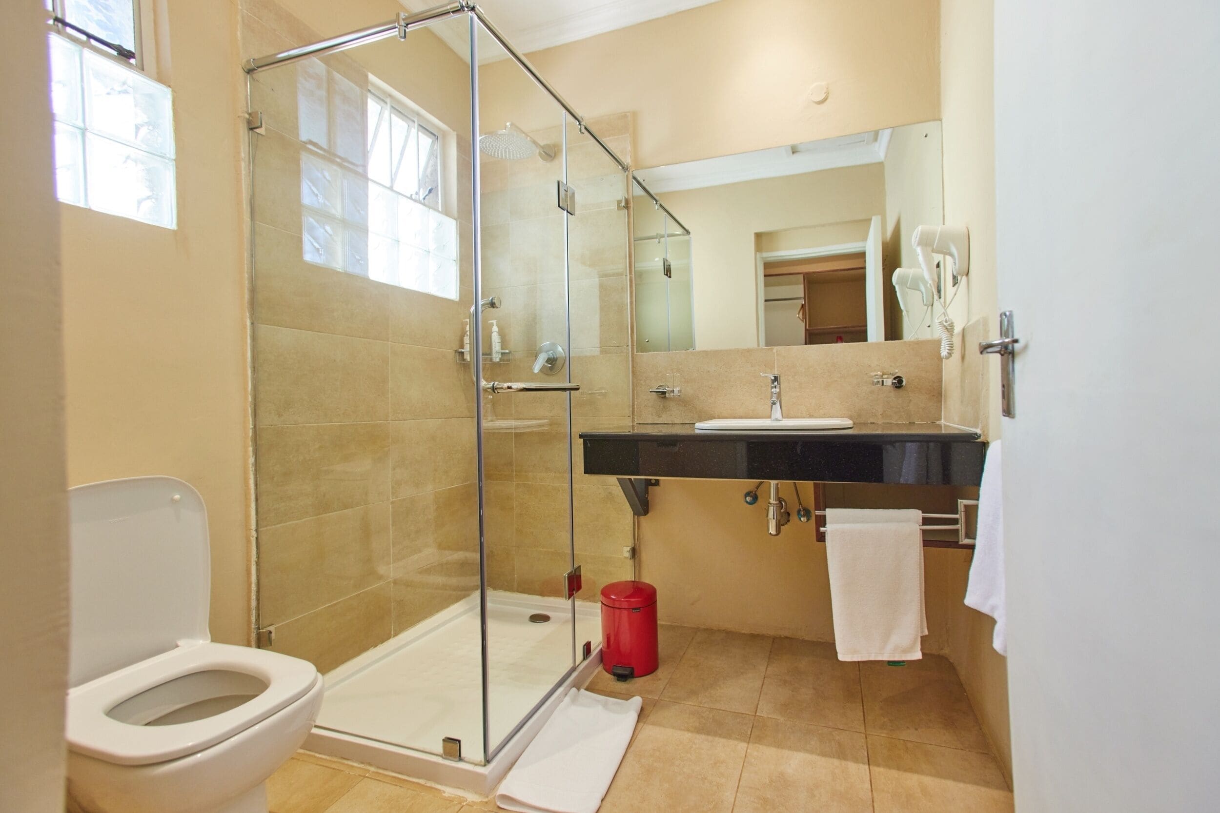 shower, free toiletries, hair dryer, slippers